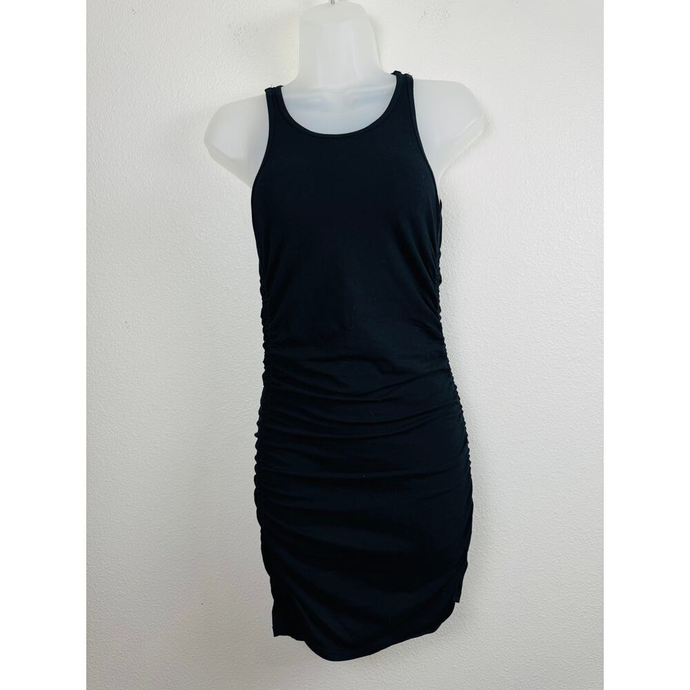 Aritzia TNA Malibu Black Ruched Bodycon Mini Dress Size Small Sleeveless Casual